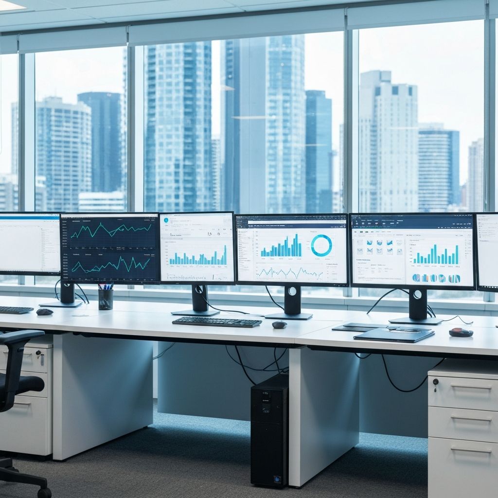 Modern digital marketing agency workspace with analytics dashboards